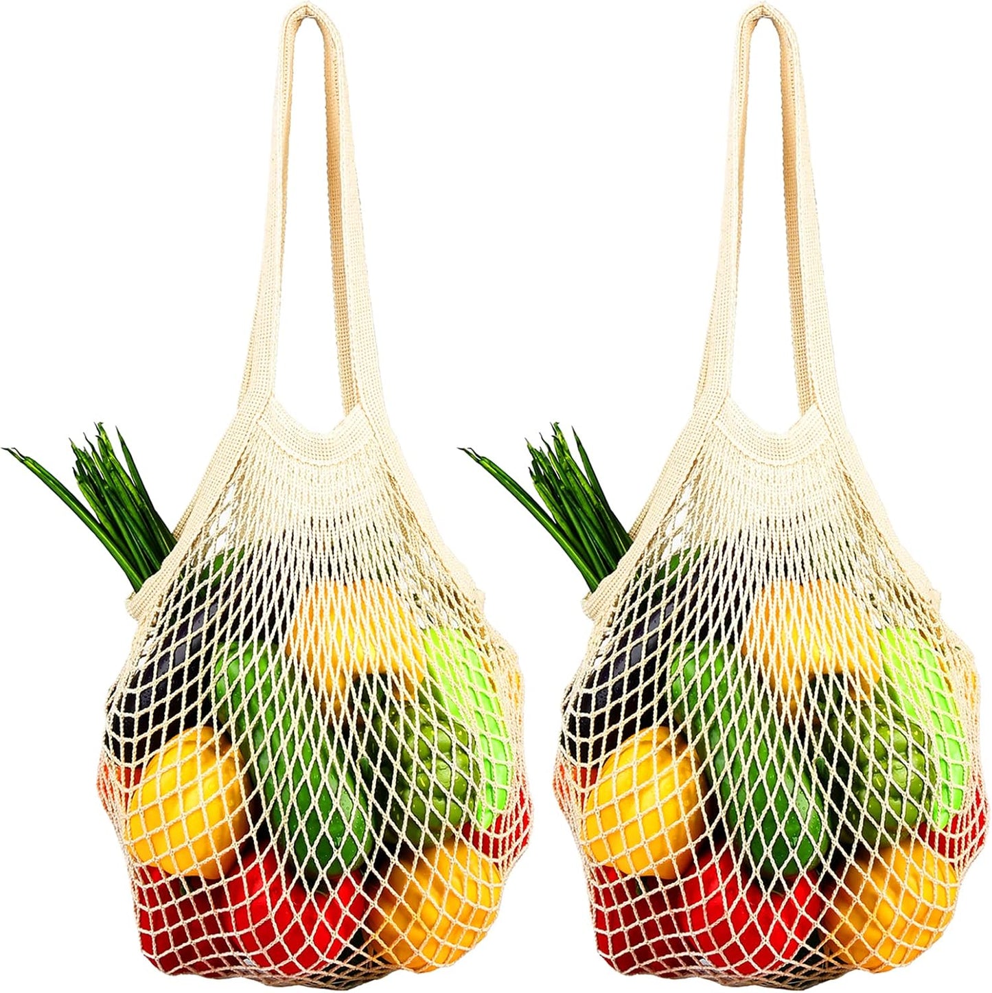 FJUN Premium Mesh Grocery Bags, Reusable Produce Bags, Long Handle Mesh Tote Bags