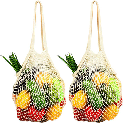 FJUN Premium Mesh Grocery Bags, Reusable Produce Bags, Long Handle Mesh Tote Bags